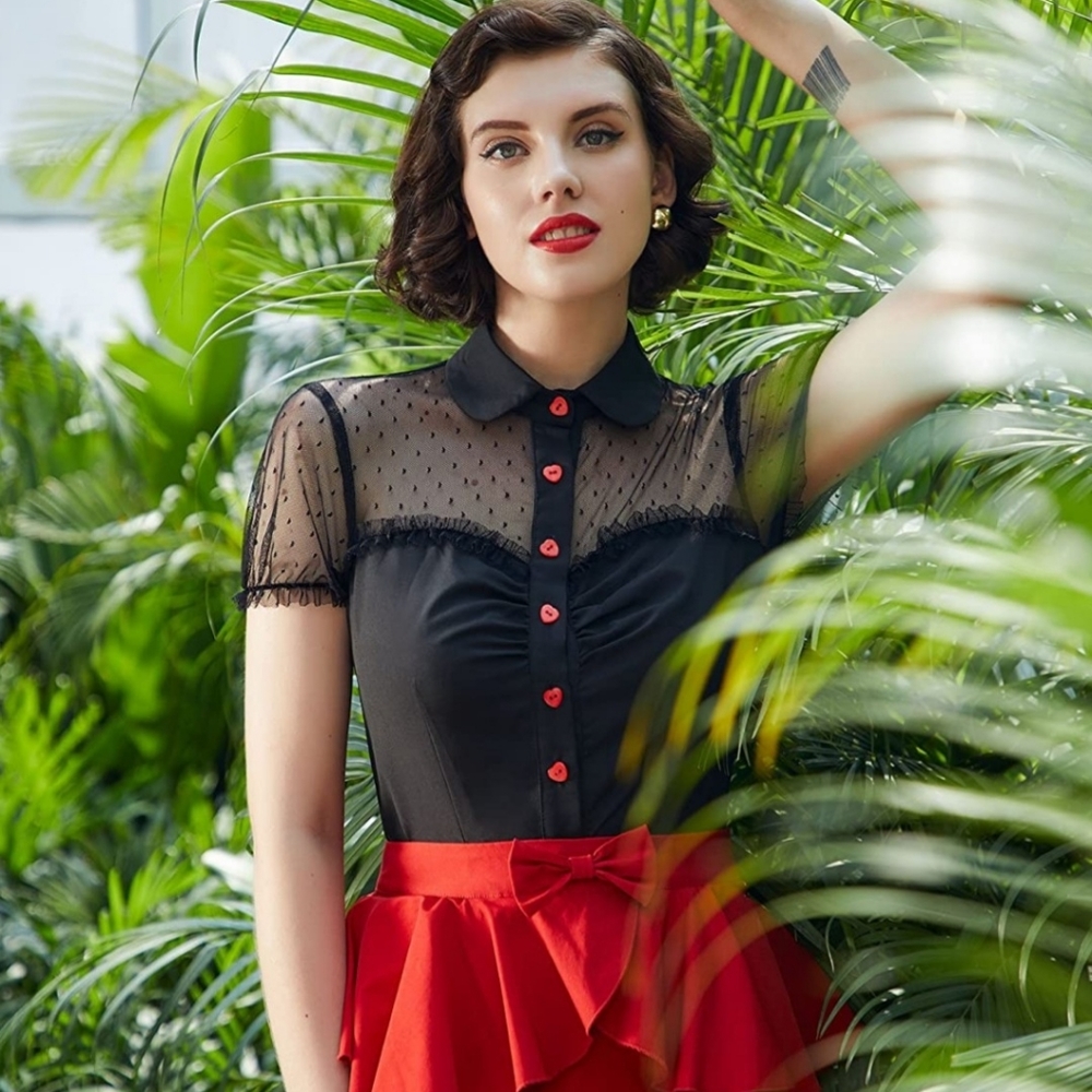 Black Pinup Sheer Sweetheart Blouse